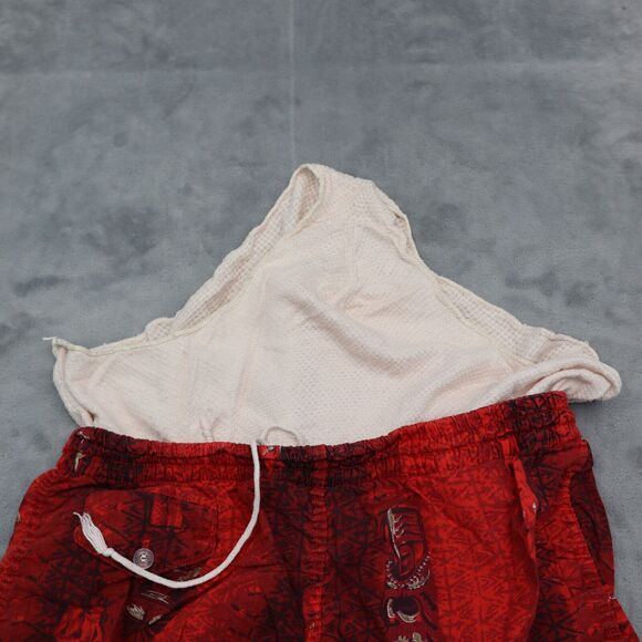 Swim Shorts Womens Red Elastic Waist Drawstring Button Pocket Graphic Print - Picture 6 of 14